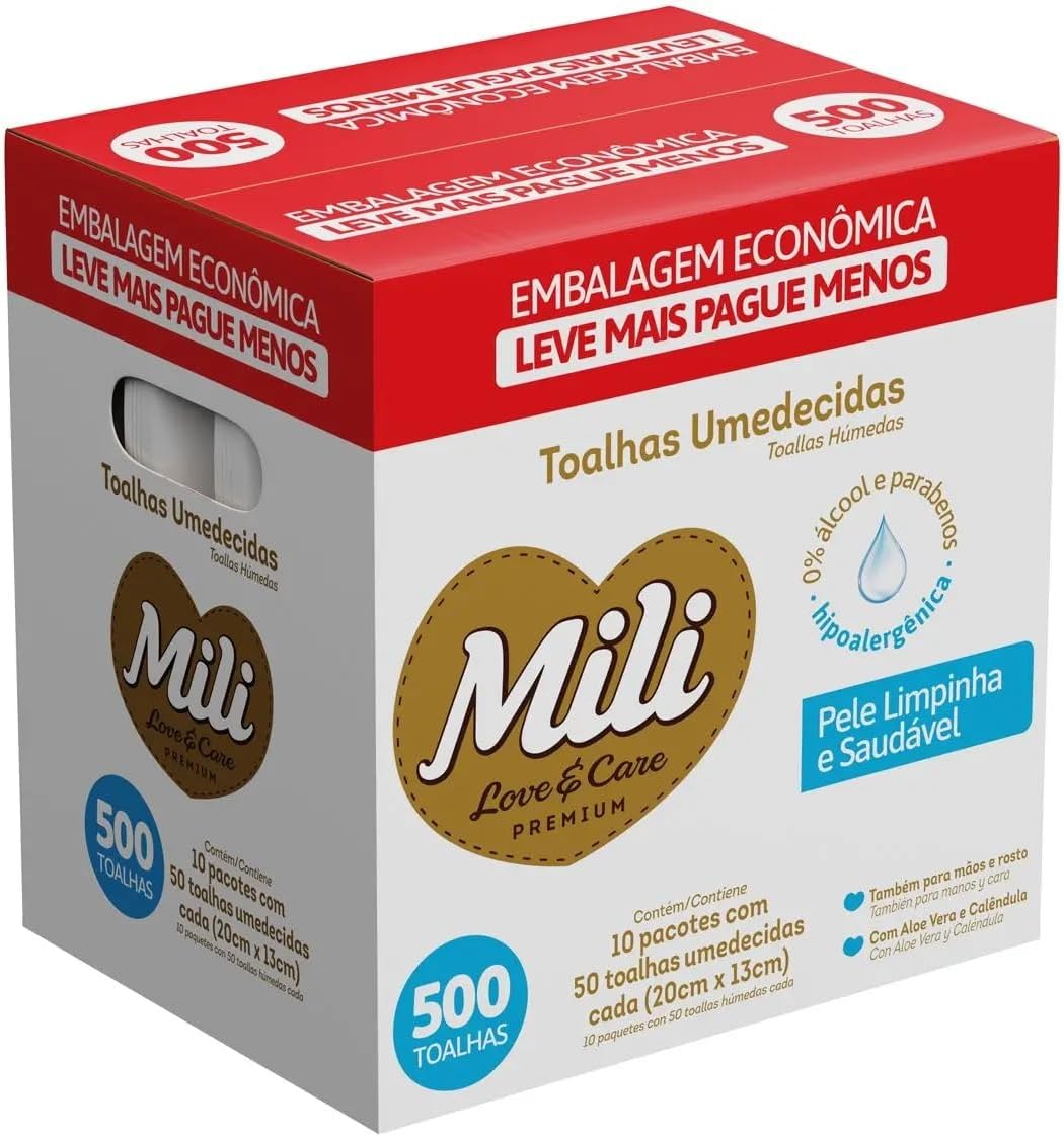Mili Toalhas Umedecidas Love & Care Premium 500 Unidades
