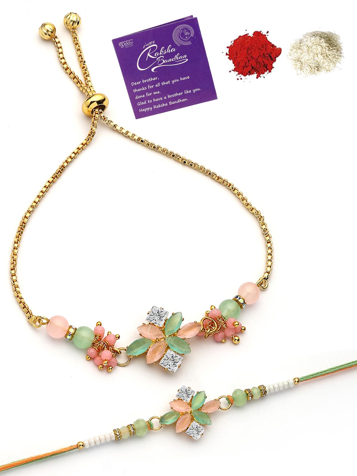 Sukkhi Rakhi Most Beautiful Floral with Gold Plated Rakshabandhan Combo Lumba Rakhi for Bhiaya Bhabhi Brother with Roli Chawal & Greeting Card|Set of 2