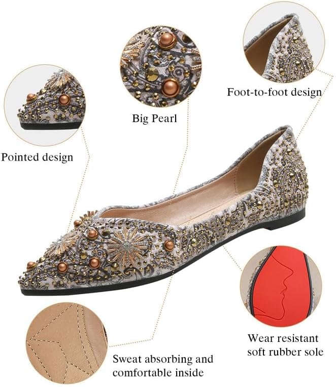 Women's Rhinestone Flats Fashion Pointed Toe Pearl Diamond Low Heel Dress Wedding Flats Work Business Casual Flats Shoes - Image 6