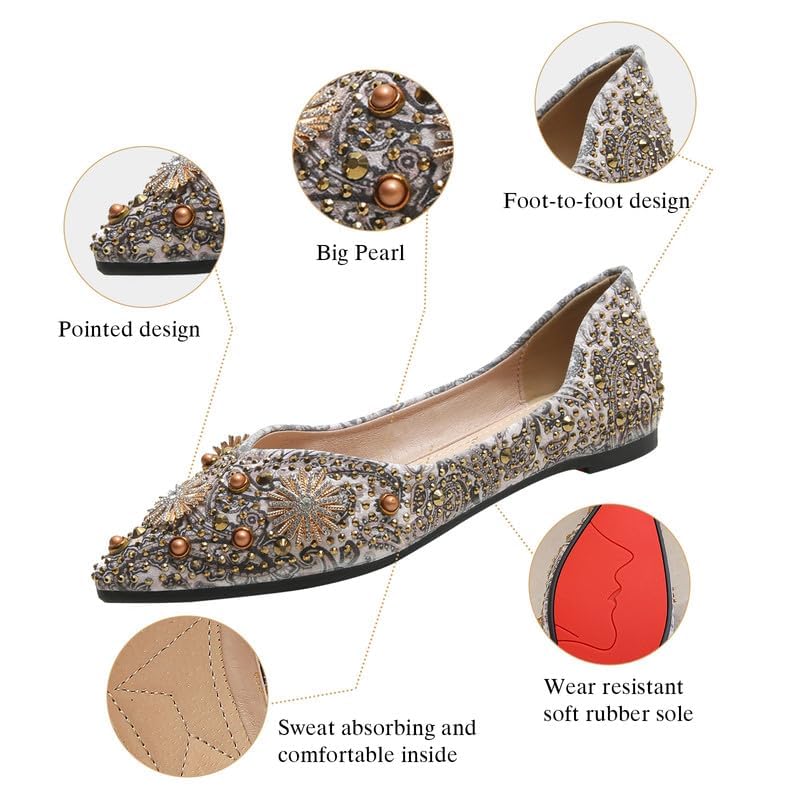Women's Rhinestone Flats Fashion Pointed Toe Pearl Diamond Low Heel Dress Wedding Flats Work Business Casual Flats Shoes4