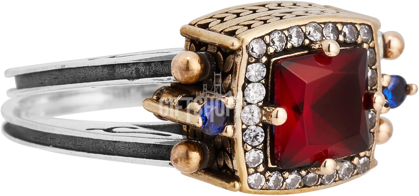 Elegant Reversible 925 Sterling Silver Ring for Women Jewelry - Handcrafted in Turkey, Featuring Square Cut Sapphire Ruby Round Cut White Topaz 925 Sterling Silver Ring Size Option