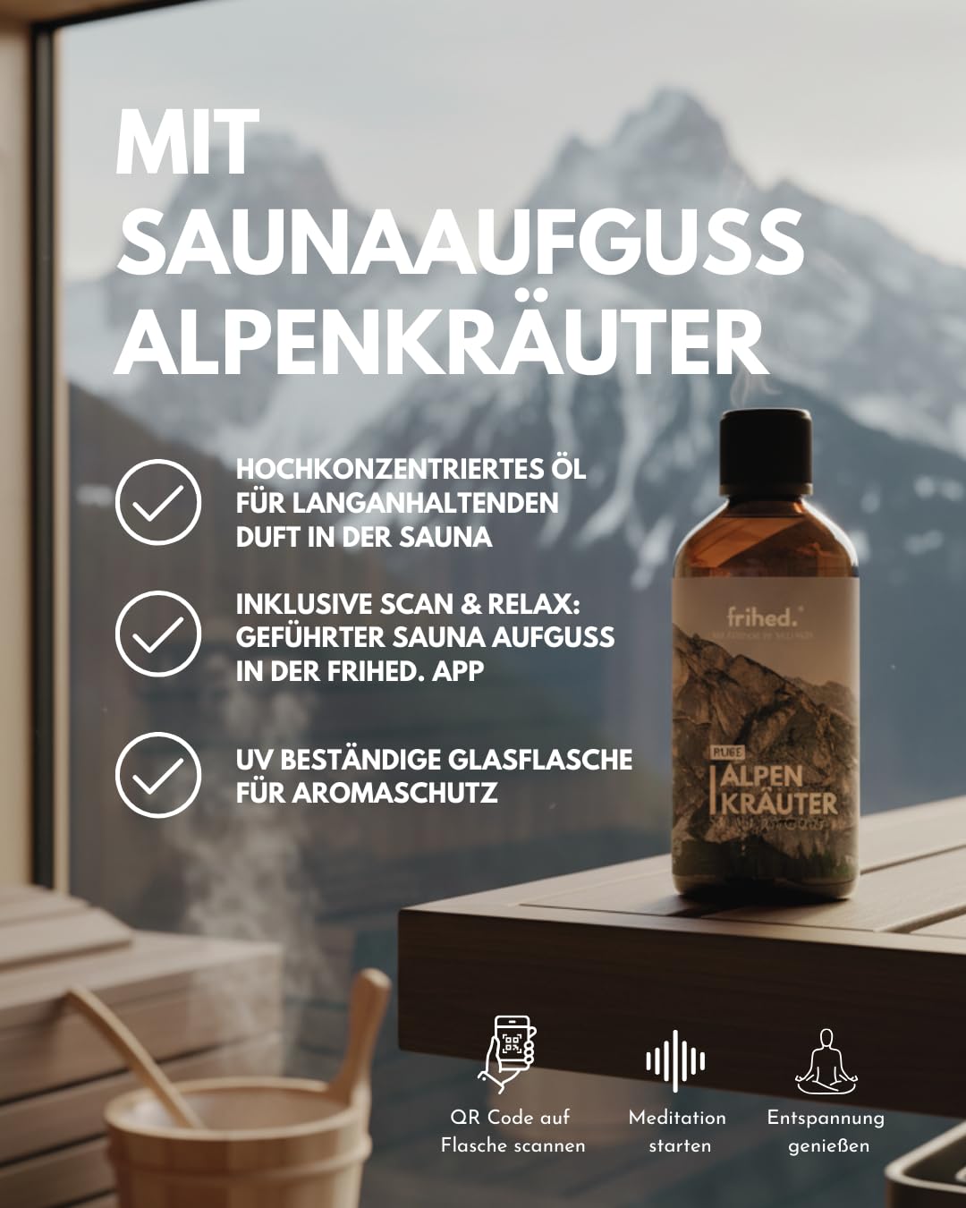 frihed.® Sauna Geschenkset Alpenruhe - mit Saunahut in Steingrau & Saunaaufguss Alpenkräuter & Peelingsalz Lavendel in Geschenkverpackung - für Männer und Frauen - Made in Lüneburg