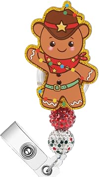 Christmas Badge Reel for Nurse, Cute Cowboy Gingerbread Man Retractable Badge Holder for Medical Assistants, Acrylic Glitter Badges with Alligator Clip for LPN CNA MA RN Nurse Holiday Gifts