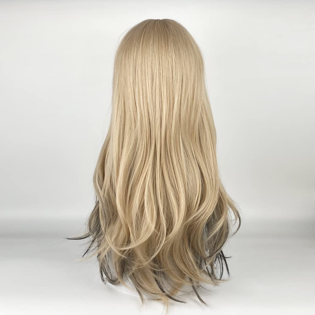 22 Inches long Wavy Hair Wig for Women Blonde Black Synthetic Hair Natural Curly Wig With Air Bangs Party Cosplay Wig for Girl (Cream with black) - Image 4