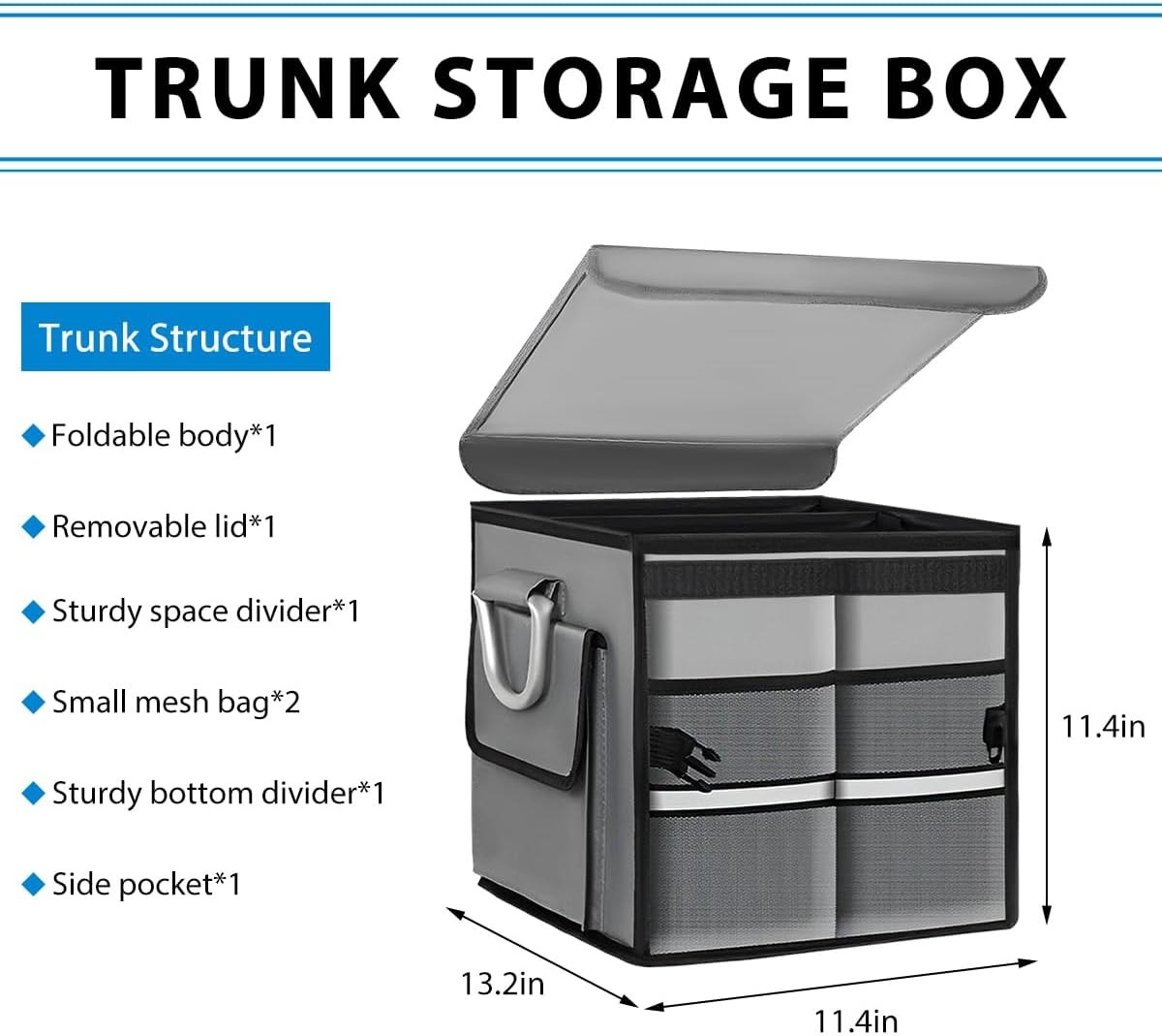 Car Trunk Organizer With Lid, 28L Collapsible Waterproof Oxford Fabric Trunk Organizer with Aluminum Handle, Portable 2-Compartment Cargo Storage Box for SUV, Truck, Sedan (Gray)