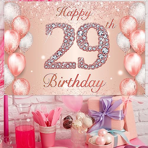 Image of Happy 29th Birthday Rose Gold Banner Cheers to 29 Years Old Backdrop Confetti Balloons Theme Decor for Women 29 Years Old Pink Birthday Party Decorations Bday Supplies Background Favors Gift Glitter