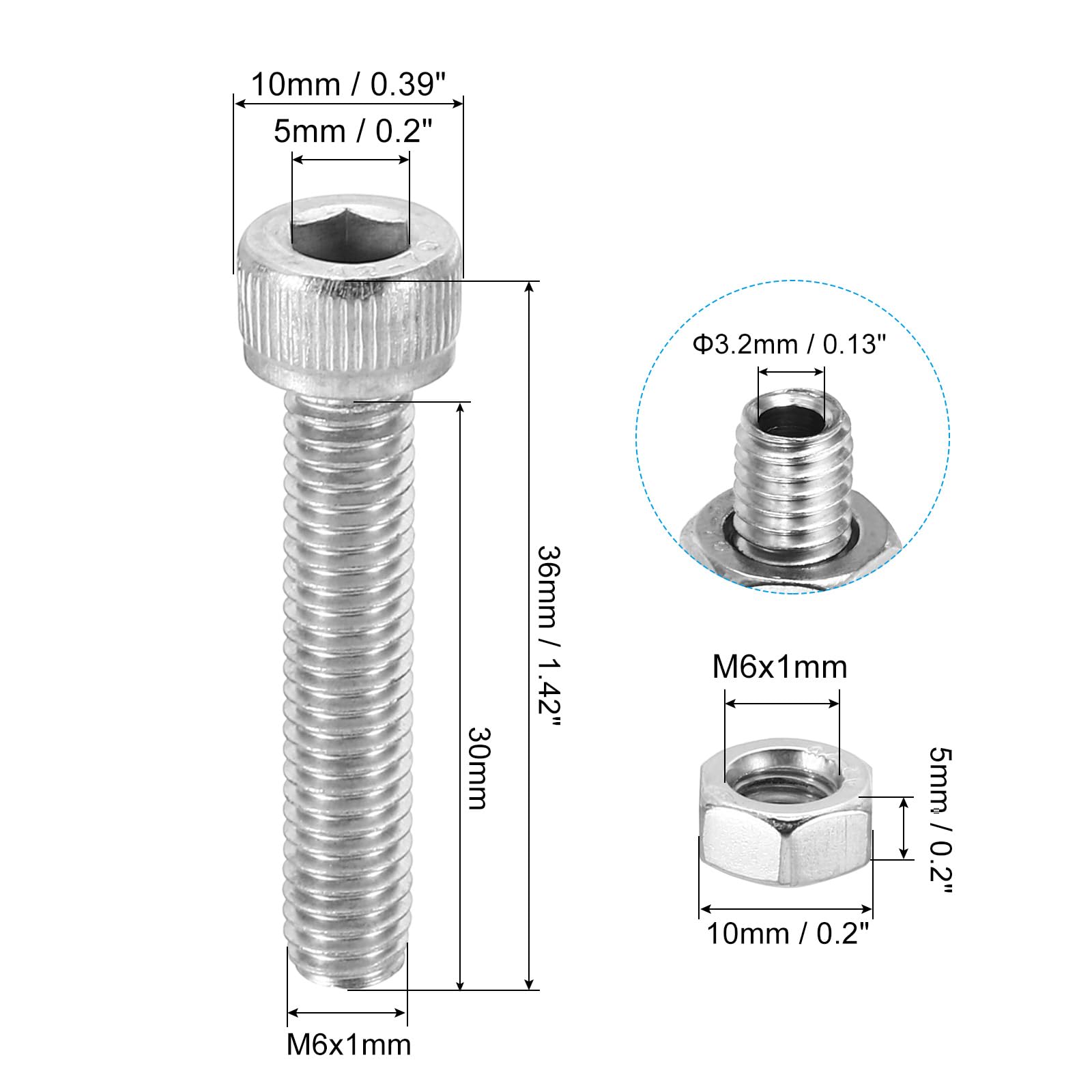 PATIKIL M6x30mm 304 Stainless Steel Hollow Bolt - Image 2