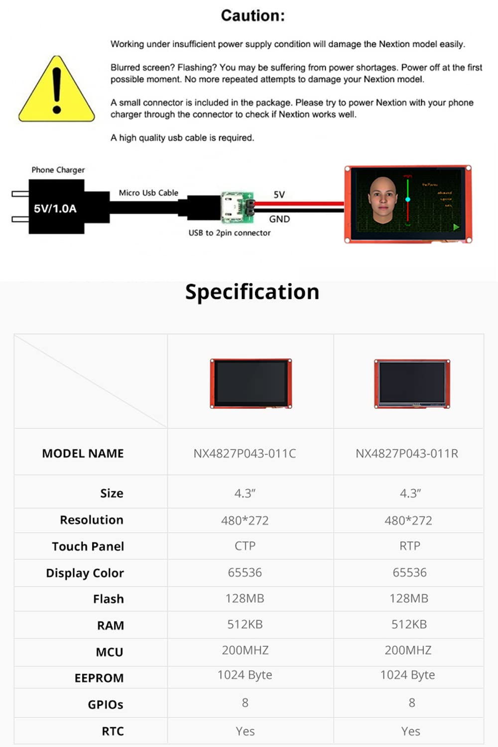 Nextion Display Intelligent 4.3” Inch Resistive Touch Screen 480x272 Serial LCD-TFT HMI Display Module NX4827P043-011R Supports Audio Video