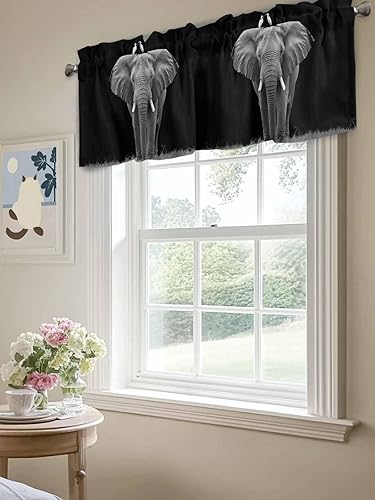 Miniatura 6 de Cenefas para tratamiento de ventana, diseño retro de elefante sobre fondo negro, cenefa de cortina con bolsillo para barra, para cocina, baño, sala