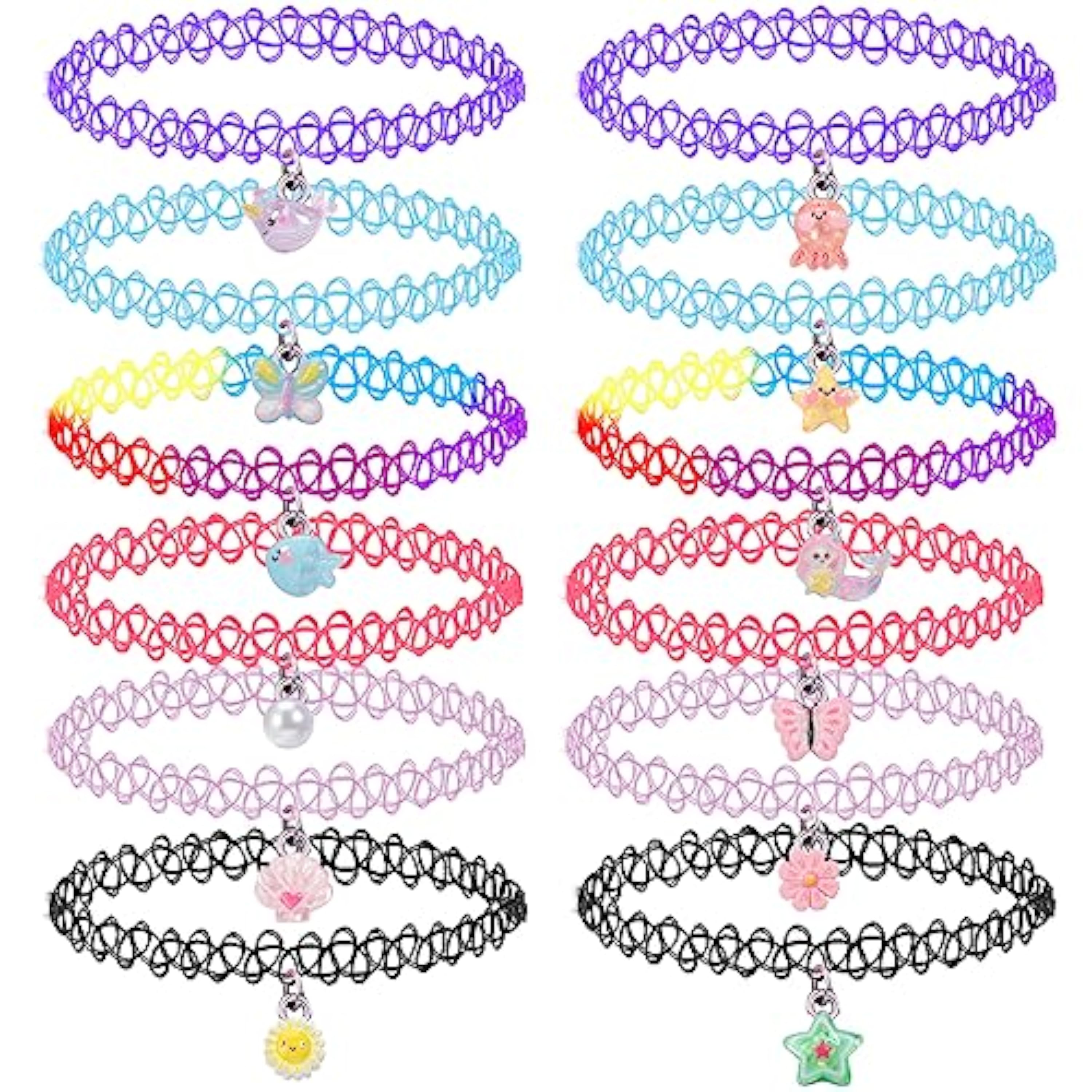 12PCS Gargantilla Collar Set para Niños Adolescentes Niñas Mujeres, Colgante Unicornio Arco Iris Panda Gato Corazón Flor Sirena Gargantillas Henna Tattoo Stretch Elastic Negro Rosa Verde Azul Rojo