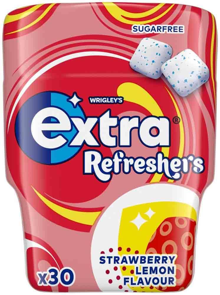 Extra Refreshers Strawberry Lemon Sugar Free Chewing Gum Pack, 30 Cubes - Fresh Breath Fruit Gum - Air Travel Essentials, Festival Accessories, Summer Holiday & Road Trip Snacks