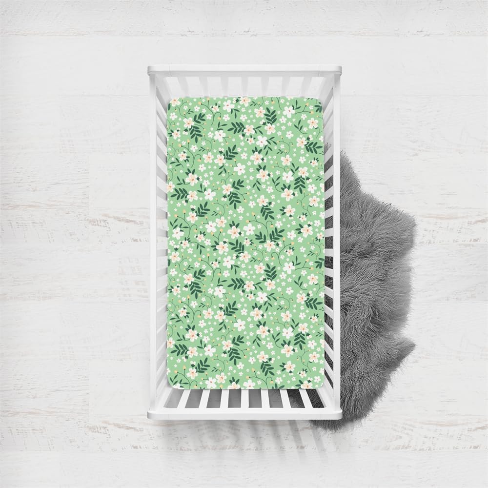 Odot Cot Bed Fitted Sheets, Toddler & Baby Bed Sheets, Elegant Floral Print Microfiber Mattress Protector, Cozy Lightweight Bedside Cribs Bassinet Sheets for Boy and Girl (Light Green,80x160cm)