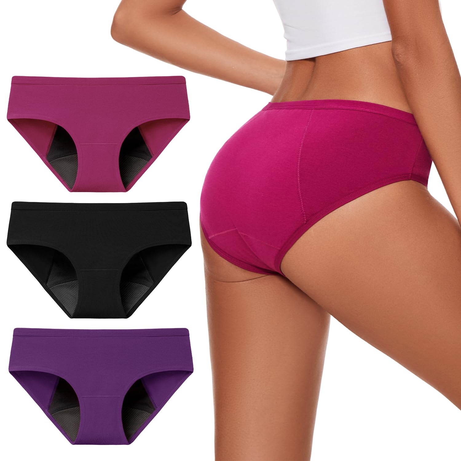Molasus Period Underwear for Women Washable Incontinence Pants High Absorbency Protective Menstrual Knickers Ladies Bladder Control Leakproof Cotton Briefs Multipack Multicolor Medium
