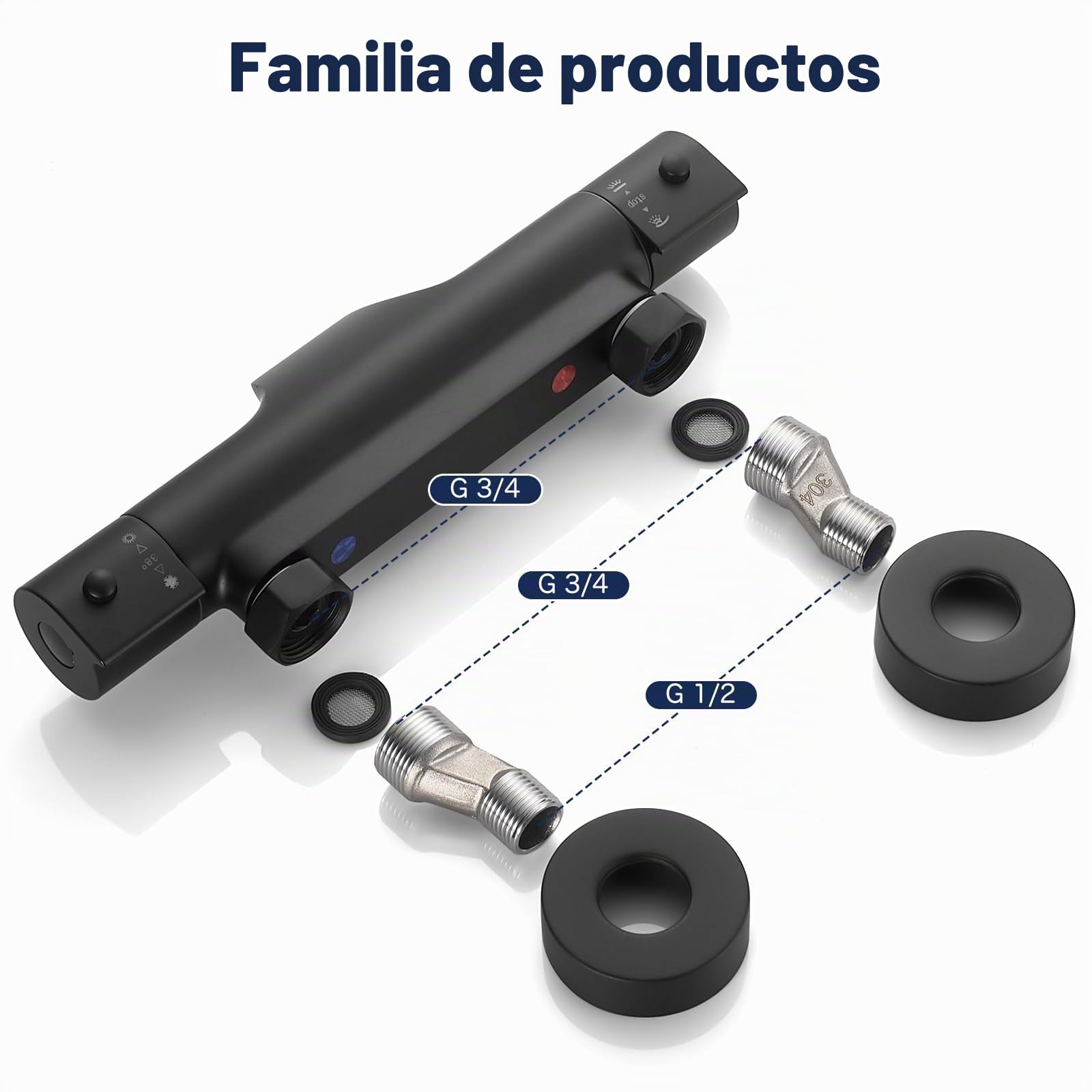 Grifo Ducha Termostático en Cascada Negro, Grifo Termostatico Bañera con el Botón de Seguridad 38 ℃, Grifo Termostático para Bañera y Ducha de Latón con 2 Salidas de Agua, Montaje en Pared