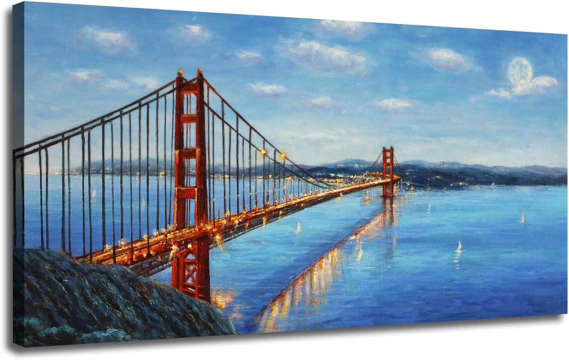 Ardemy Canvas Wall Art Prints Modern Golden Gate Bridge Red Picture Panorama Seascape, Modern Blue Ocean Twilight Landscape Painting Framed for Living Room Bedroom Dinning Room Home Office Wall Decor