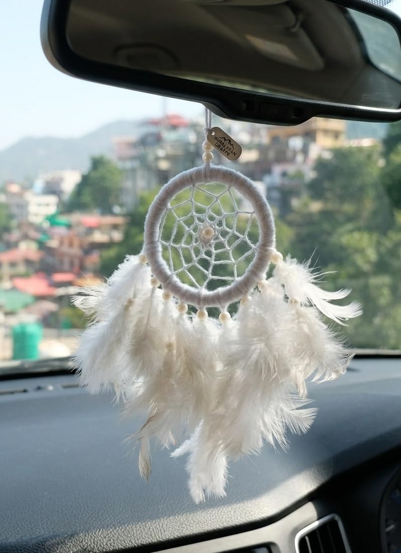Handmade Dreamcatcher: Small Size, Small Feather White Color (Perfect for Home Decor, car Hanging, Office Decor or can be Given as Gift) 23 cm Long, 7 cm Ring, 15 cm breadth-image-41