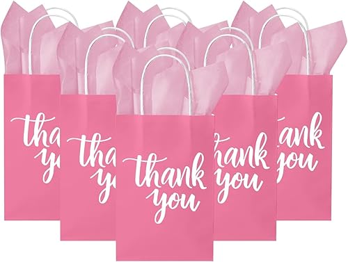 DjinnGlory Paquete de 50 pequeñas bolsas de regalo de papel rosa con asas y 24 hojas de papel de seda para pequeñas empresas, compras, bodas, baby