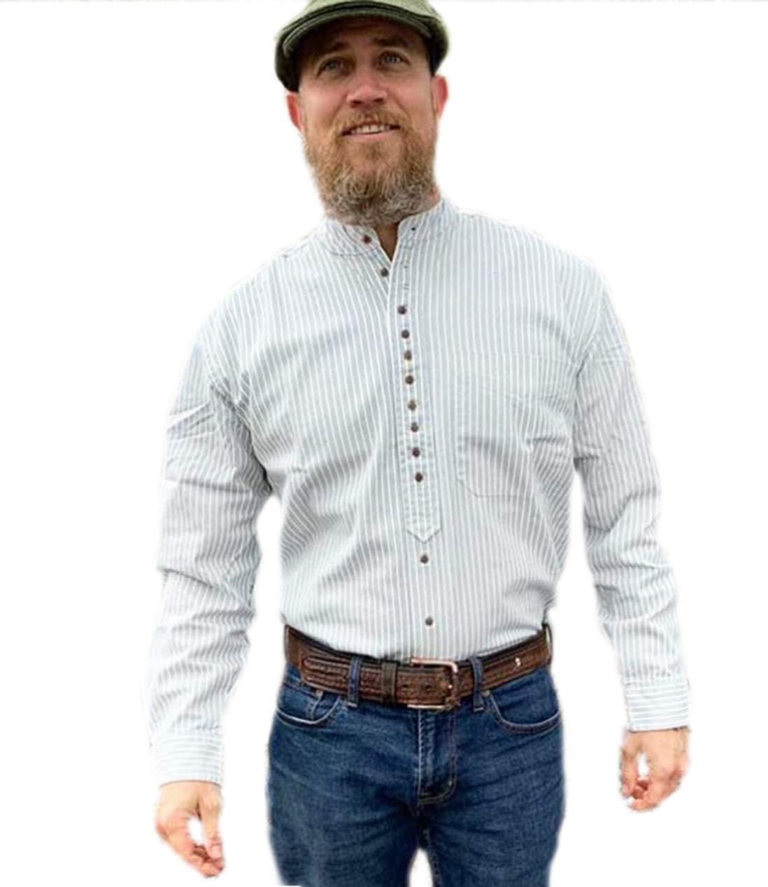 Traditional Irish Grandfather Shirt, Button-Down, 100% Cotton, Banded Collar, Chest Pocket, Shirt-Tail Hem