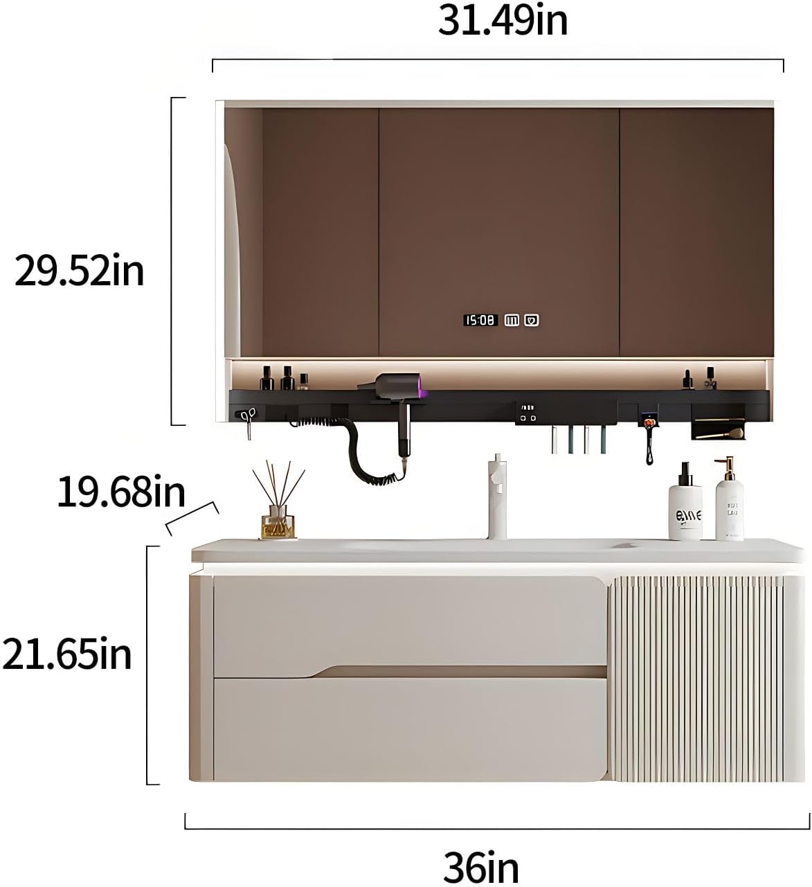 Bathroom Vanity with Sink Set - Includes LED Smart Defogging Mirror Cabinet, Stylish Floating Vanity - Bathroom Sink Cabinet with Drawers & Multifunctional Shelves (36")