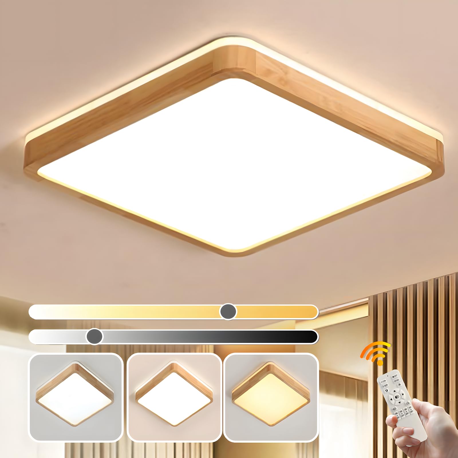 YYUTLUO LED-Deckenleuchte aus Holz, oben 360° leuchtend, quadratische natürliche Holzlampe | Dimmbar mit Fernbedienung 2700K-6500K, 48W| Wohnzimmer, Esszimmer, Flur, Zuhause, Büro, Kinderzimmer(Ø60cm)