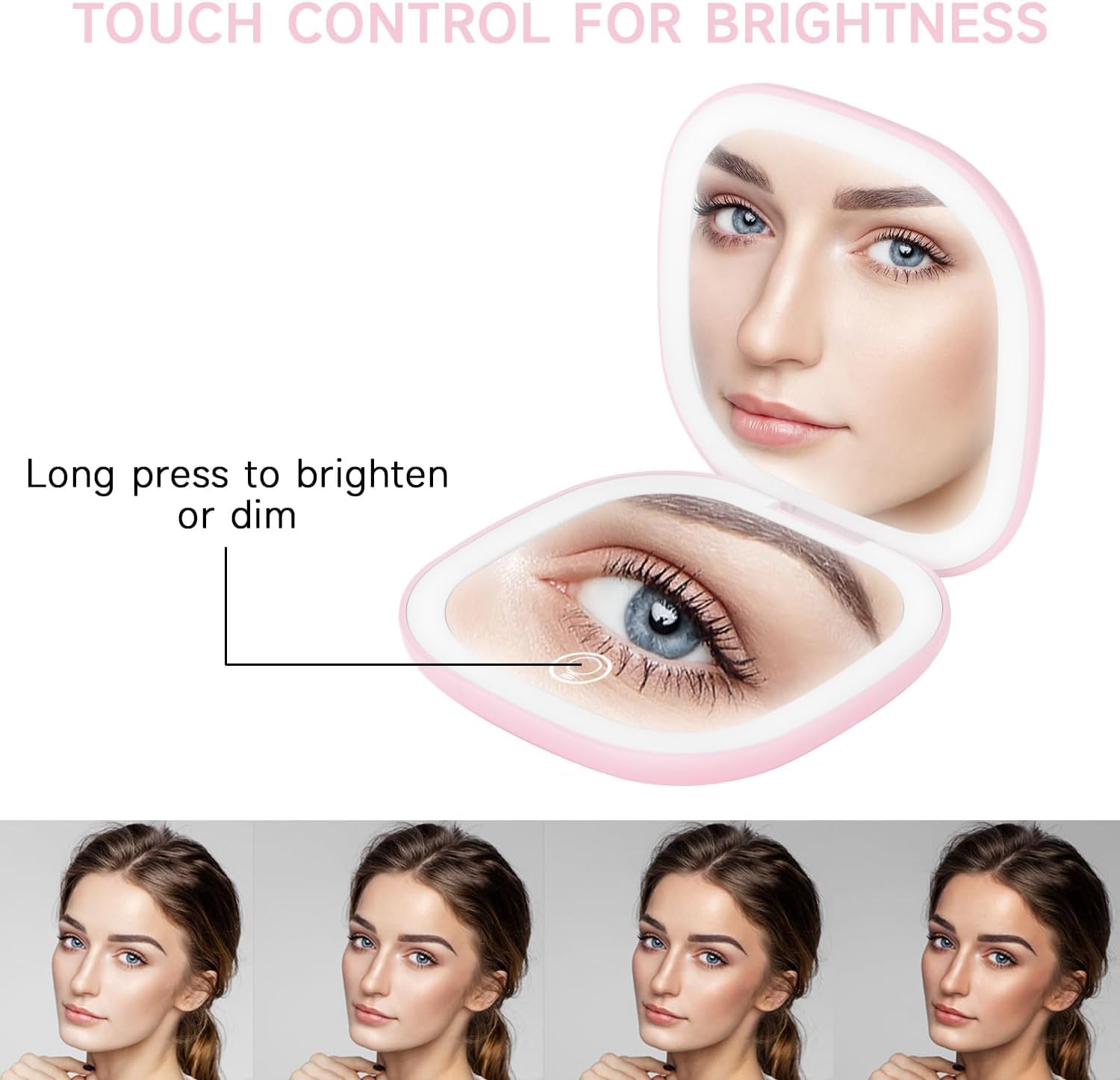 QUMOX Specchio Trucco 10X con Luce – Specchio da Viaggio Ricaricabile con LED, 3 Modalità di Luce, Touch Dimmerabile, USB-C – Rosa