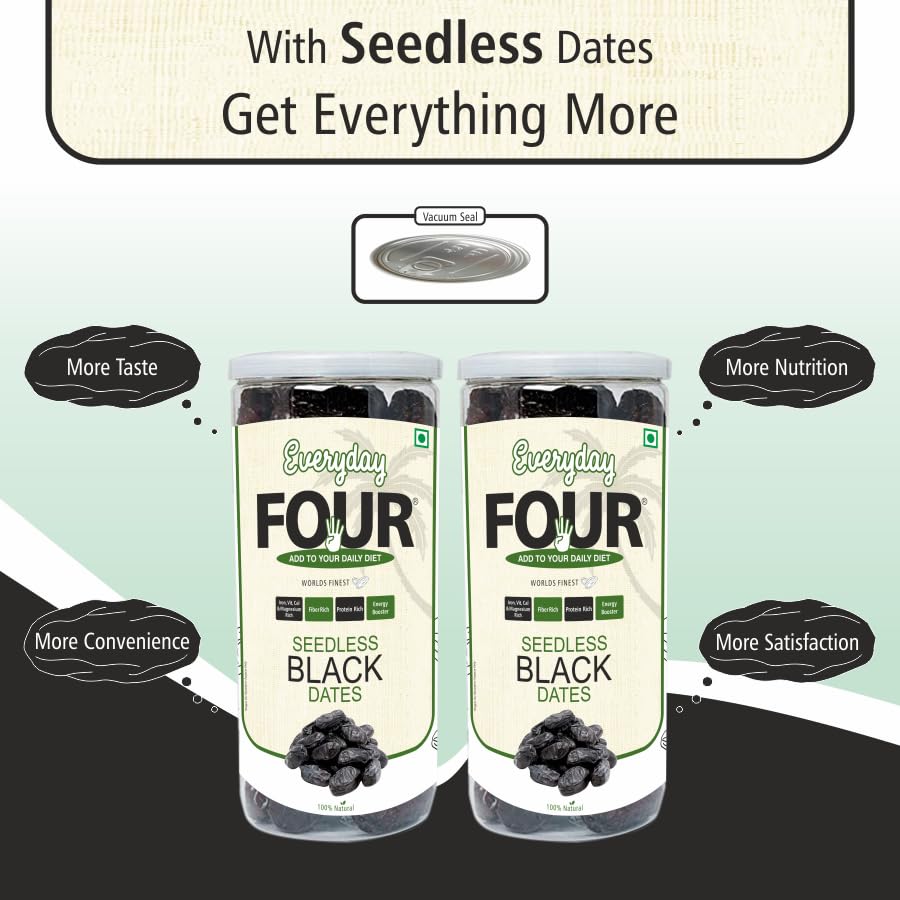 Image of Everyday Four Seedless Black Dates | All Natural Fresh Khajur with No Added Sugar | Healthy & Nutrition Free 800g Dry Fruits | Black Khajoor Rich in Protein & Vitamin Vegan Finest Dates