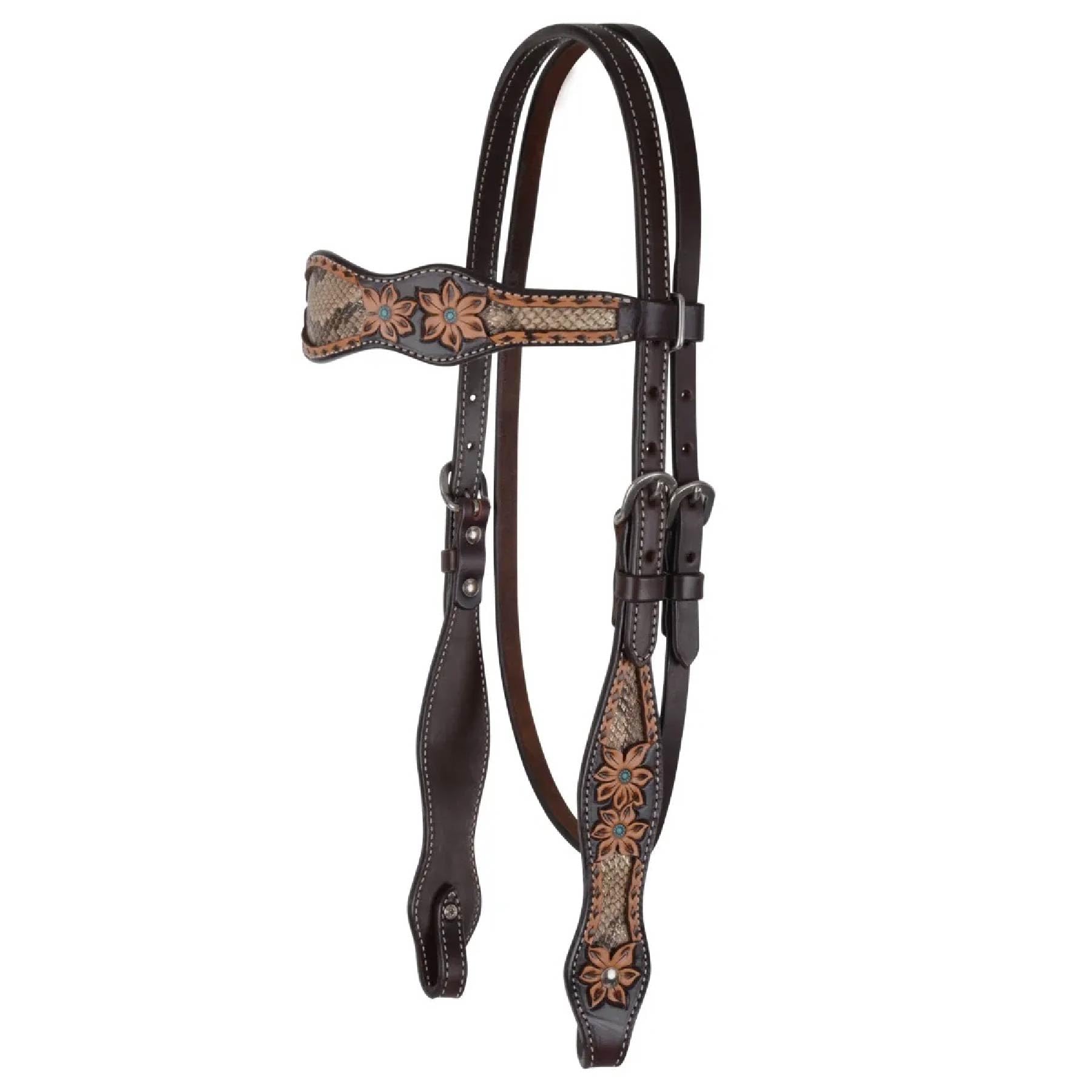 Circle Y Python Pass Browband Headstall - Equestrian Vintage Leather Hand-Tooled Floral Design Turquoise Accents Horse Browband Headstall, 1