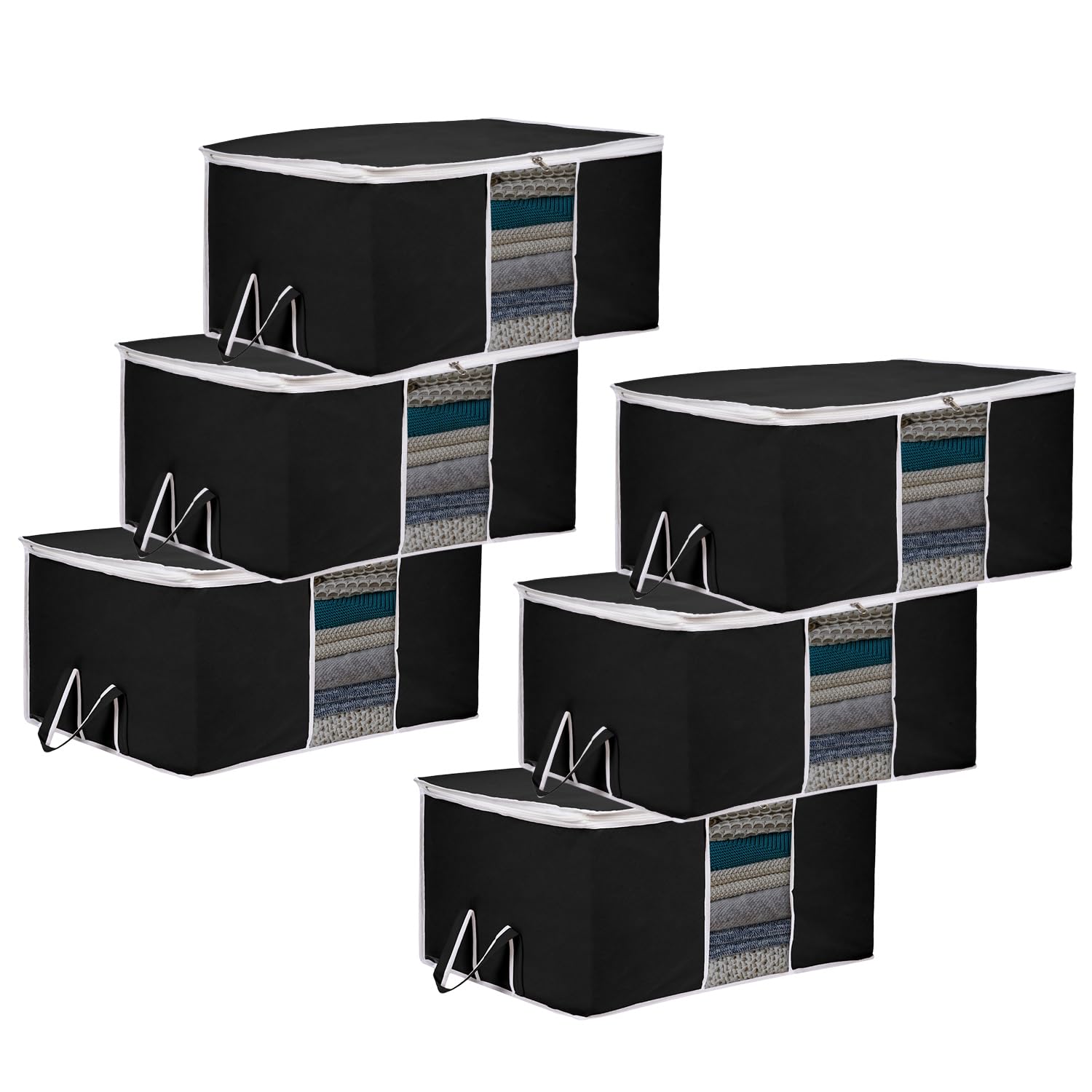 Kuber Industries Underbed Storage Bag | Clothes Storage Bag | Blanket Cover with Clear Window | Zipper Closure & Handle Cloth Organizer | Plain White Border | Large | Pack of 6 | Black-image-36