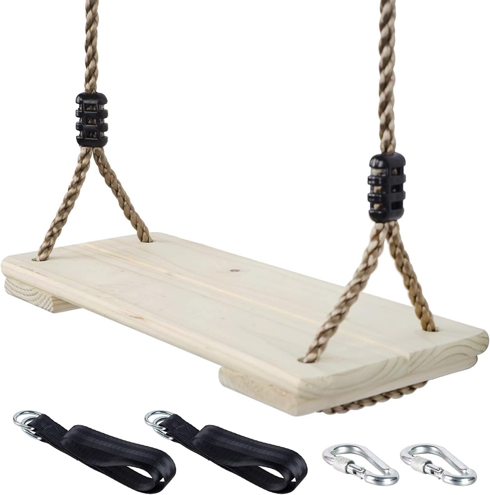 THE WHITE SHOP Wooden Swing Seat, Nostalgic Outdoor Wood Swing for Kids, Tree Swing, Connecting Straps Swing Set Accessories for Backyard Patio Garden Playground, Height Adjustable