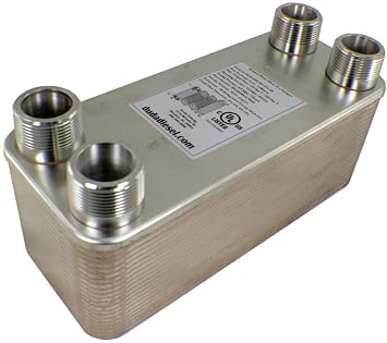 Duda Energy HX2740M125 B3-27A 40 Plate Stainless Steel Heat Exchanger with 1-1/4" Male NPT Ports Copper Brazed, 4" Height, 4.5" Width, 11.3" Length