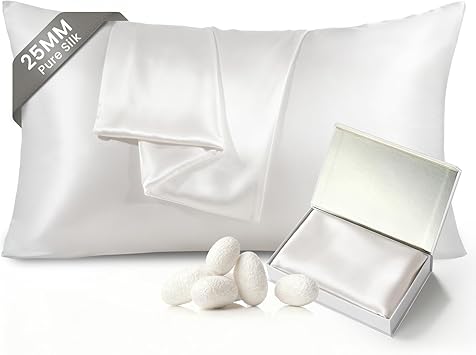 THXSILK 100% Pure Mulberry Silk Pillowcase for Hair and Skin, 25 Momme 6A+ Grade Pure Silk Pillow Case Standard Size, Real Silk Pillowcase with Concealed ZipperWhite, Standard