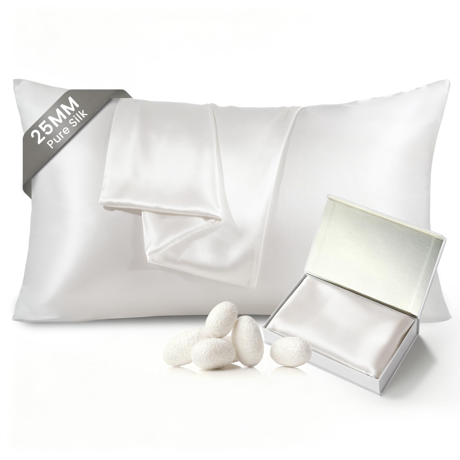 THXSILK 25 Momme 100% Mulberry Silk Pillowcase, Queen, Pearl White