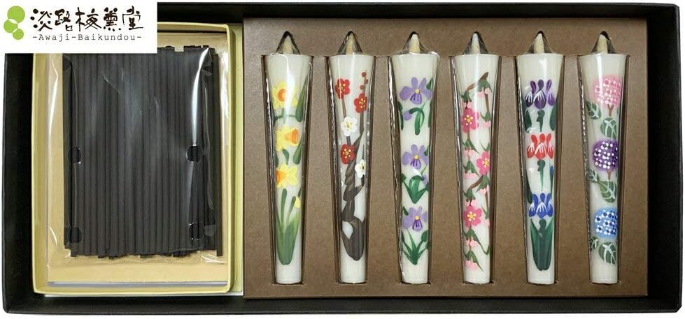 Araji Plum Kodo No.3 Flower Candle Mini Low Smoking Incense Set Hand Painted Hand Painted for Gift Companion Bamboo Charcoal Sweet Tea Incense, 0.9 oz (25 g) and 6 Hand Painted Candles Set (1st Half) #1112