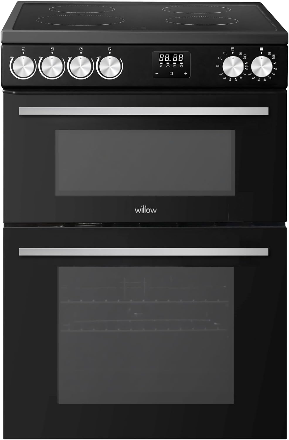 Willow WDOC60TBL 60cm Electric Double Oven Cooker with Ceramic Hob, Integrated Grill, Fan Assisted Defrost – Black
