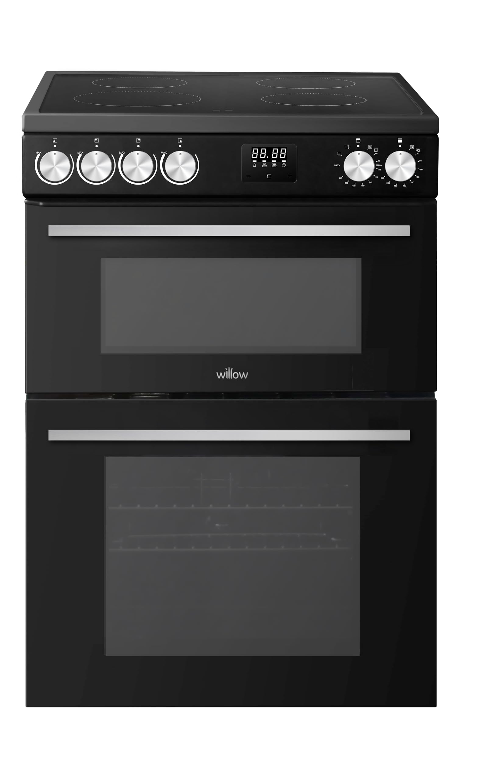 Willow WDOC60TBL 60cm Electric Double Oven Cooker with Ceramic Hob, Integrated Grill, Fan Assisted Defrost - Black [Energy Class A]