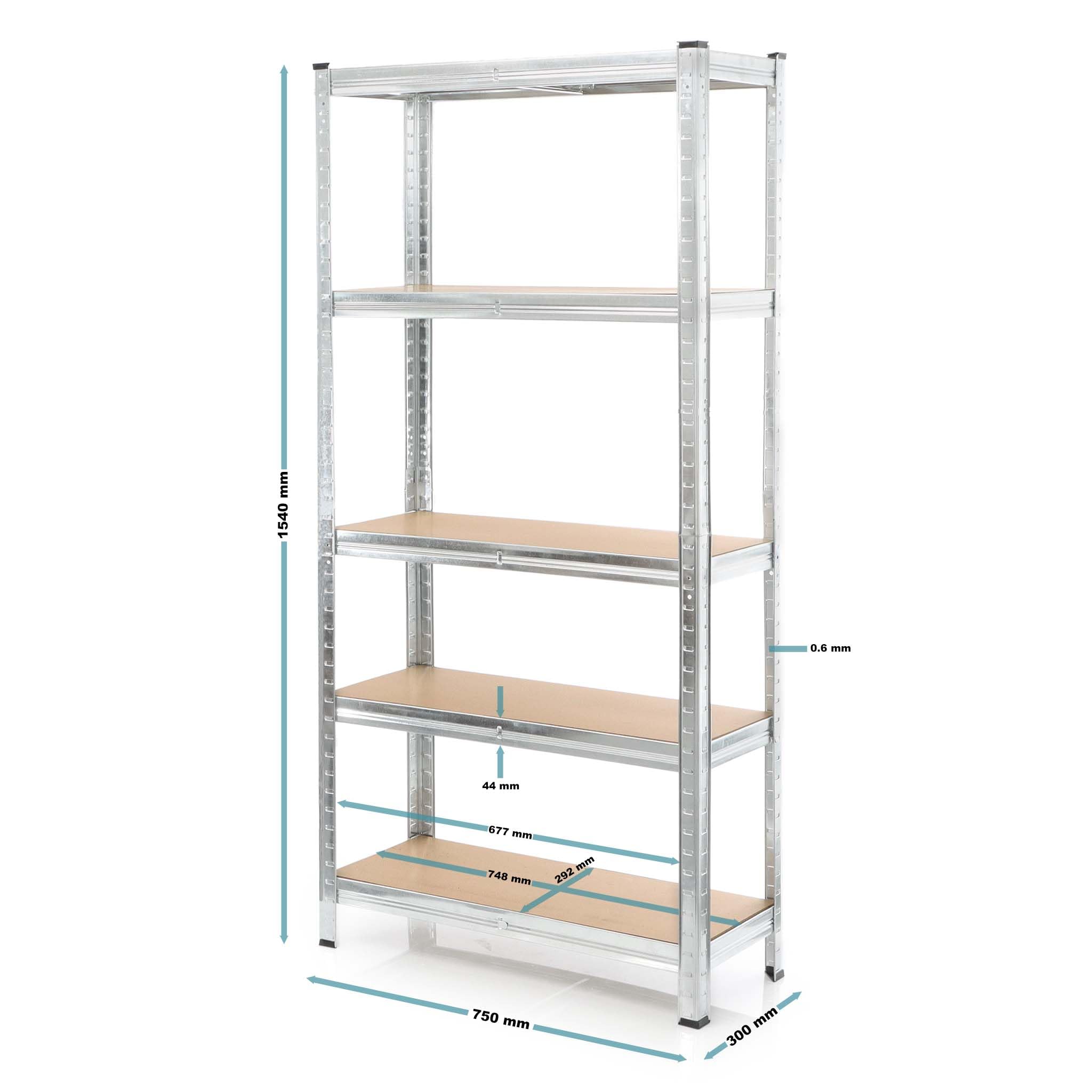 Wiltec Set 2X Schwerlastregal 154x75x30cm, 875 kg Gesamtlast, Steckregal verzinkt aus Stahl, Lastenregal mit 5 Ablagen, Werkstattregal