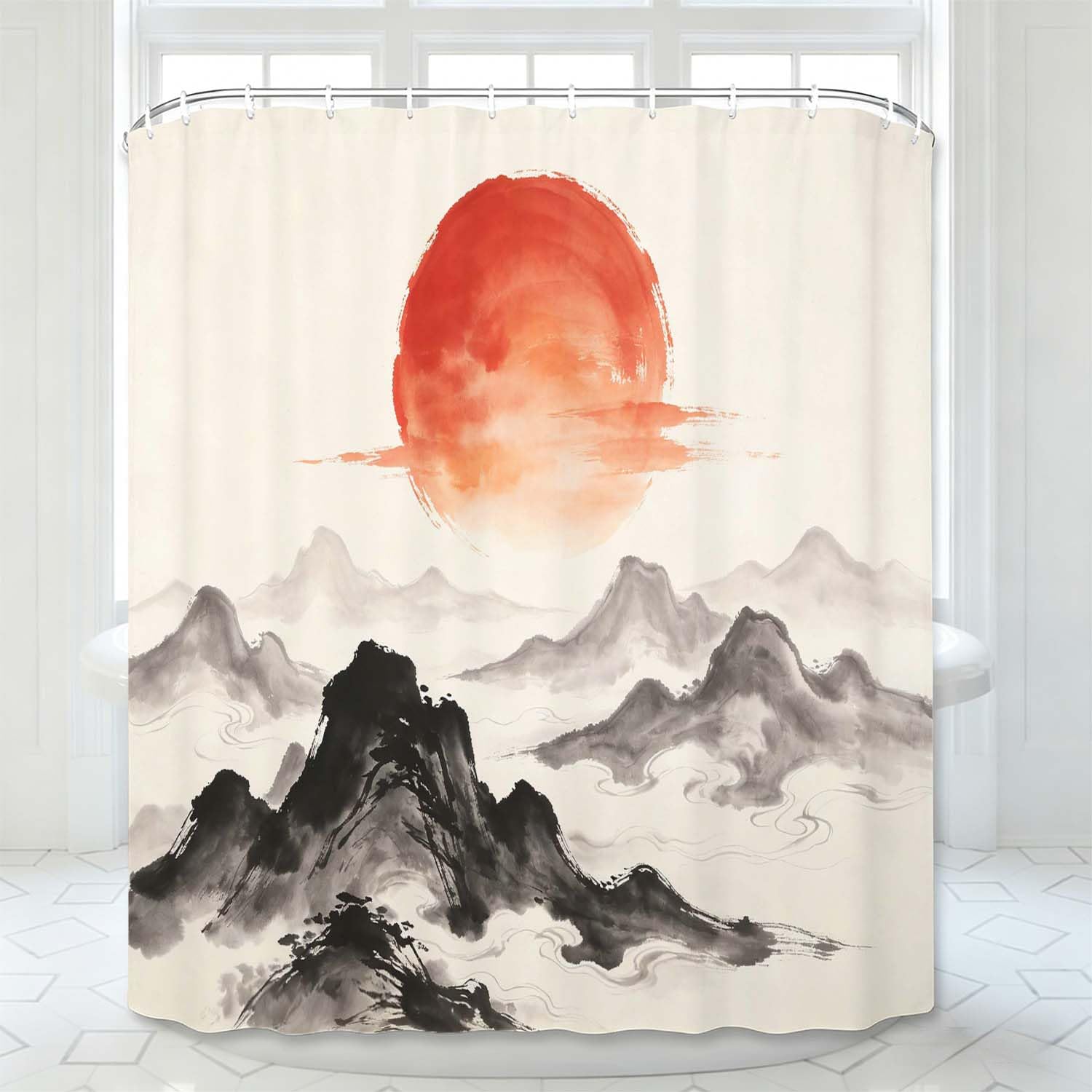 Rideau de Douche Anti Moisissure Montagne, Rideau de Bain Peinture à L'encre de Chine 3D Rideaux de Douche en Polyester, Imperméable, Lavable en Machine, avec Crochets, 300 x 200 cm 1529-YLP