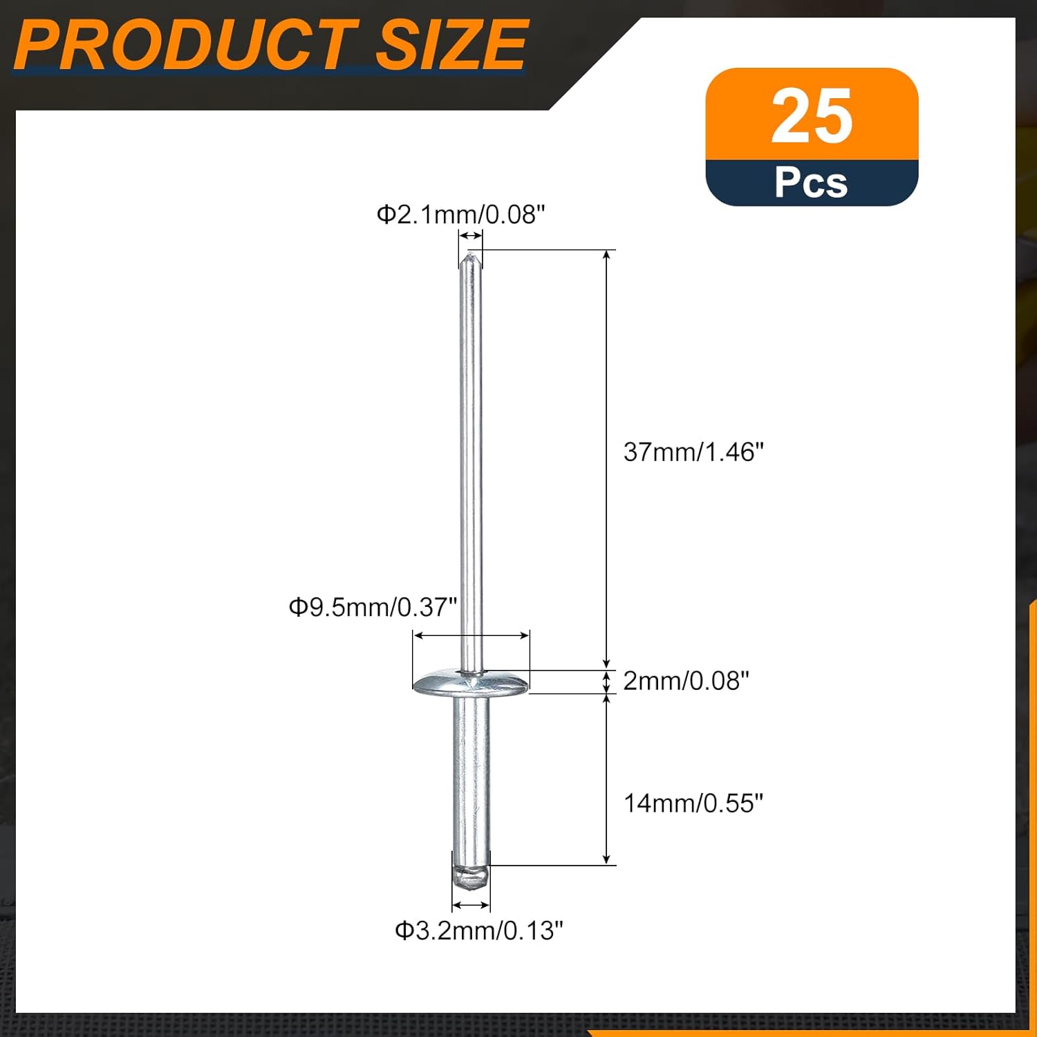 uxcell 25Pcs 1/8"x1/2" Large Flange Head Blind Rivets, Zinc-Plated Carbon Steel Grip and Mandrel Cap Blind Rivets, Silver