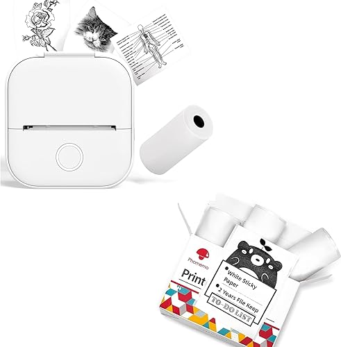 Phomemo Impresora T02 con 3 rollos de papel sin tinta, mini impresora de calcomanías Bluetooth térmica de bolsillo para notas de estudio,