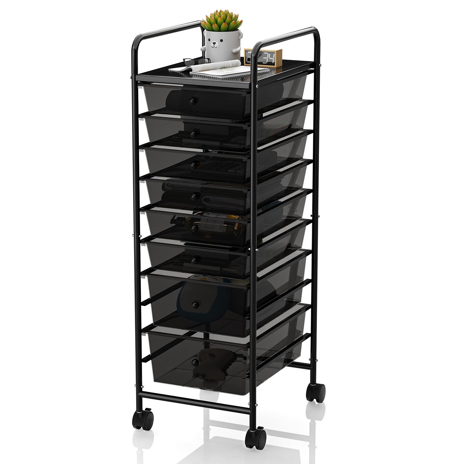 Metal 10 Tier Rolling Cart with 8 Drawers,1 Table Top & 4 Wheels, Utility Grocery Craft Cart on Wheels for Classroom, Office, Bathroom, Kitchen, Bar Home Storage and Organization, Dorm Room Essentials