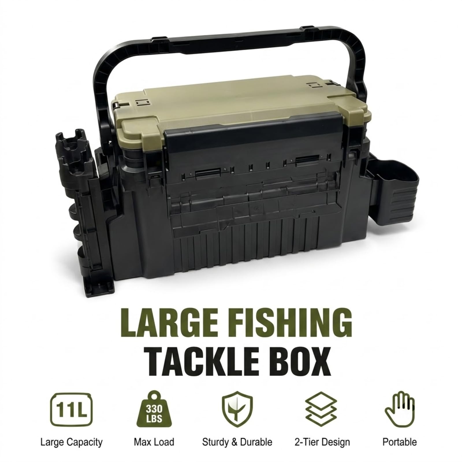 Angelkoffer Groß 2-Stöckig mit Sitzfunktion Wasserdicht Schwarz | 43×23×28cm, bis 150kg belastbar, 2-stöckig mit Trennwänden, Rutenhalter & Becherhalter, wasserdichte Hartschale, stoßfest, kl