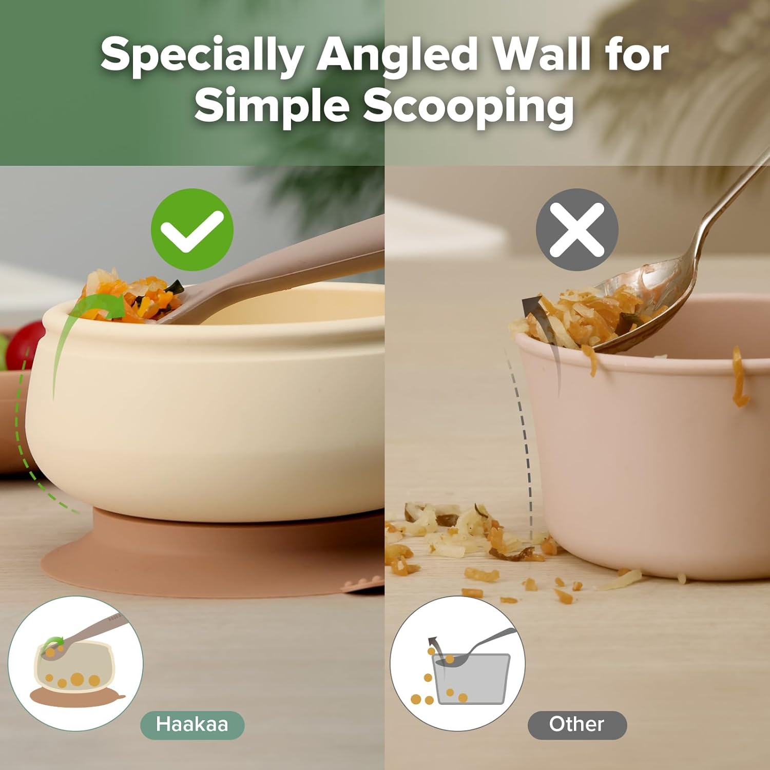 haakaa Silicone Mushroom Bowl & Bendy Cutlery Set – Baby Bowls with Suction & Spillproof Lid, Baby Spoons & Forks for Self Feeding, BPA-Free - Toast