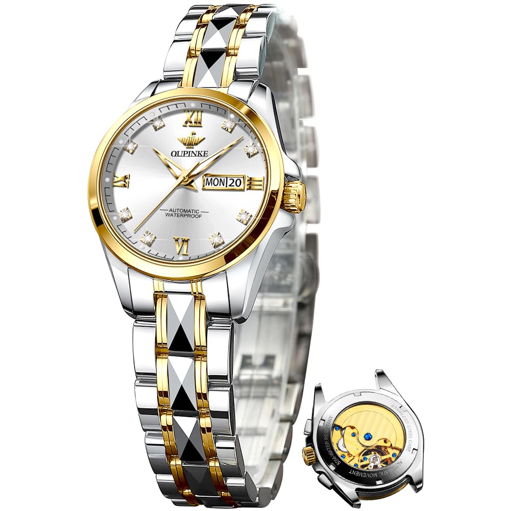 OLEVS Mechanical Womens Watch White Easy Read Diamond Automatic Watches Business Dress Waterproof Roman Two Tone Watch for Lady Silver