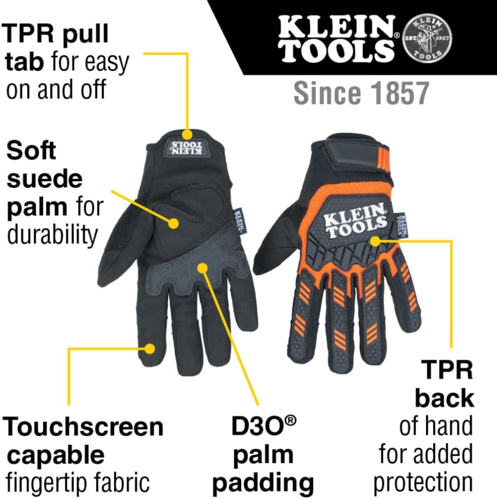 Klein Tools Work Gloves, Heavy-Duty Suede Palm Gloves, TPR Impact Resistant, Touchscreen-Capable, Hook and Loop Wrist Strap
