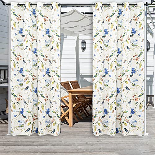 Vogol Light Filtering Outdoor Curtains, Blue Birds Printed Waterproof Drapes Solid Window Treatments For Patio, Yard, Porch, Grommet Top, 52 X 96, 1 Panel #TOP24