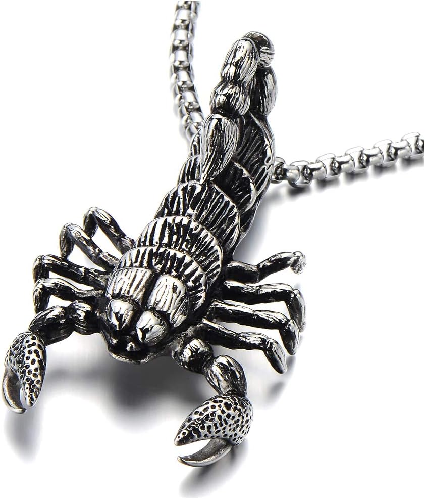 COOLSTEELANDBEYOND New Extra Large Mens Scorpion Pendant Necklace Stainless Steel Gothic Style with 30 in Wheat Chain