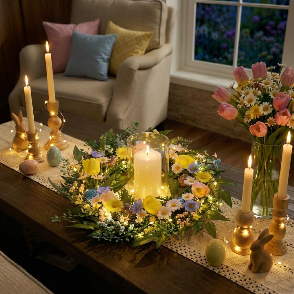 Valery Madelyn Corona de Pascua plegable preiluminada de 24 pulgadas para puerta delantera, corona de puerta de primavera iluminada con huevo pastel y flor de margarita, decoración de granja de