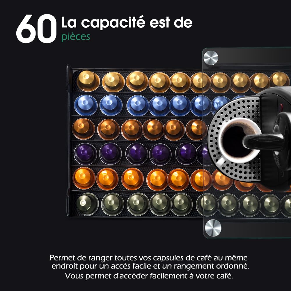 Masthome Tiroir de Rangement pour 60 Capsules Nespresso, Porte Dosette de Café avec Présentoir en Verre, Présentoir Distributeur Tiroir en Maille de Plateau Stockage pour Nespresso