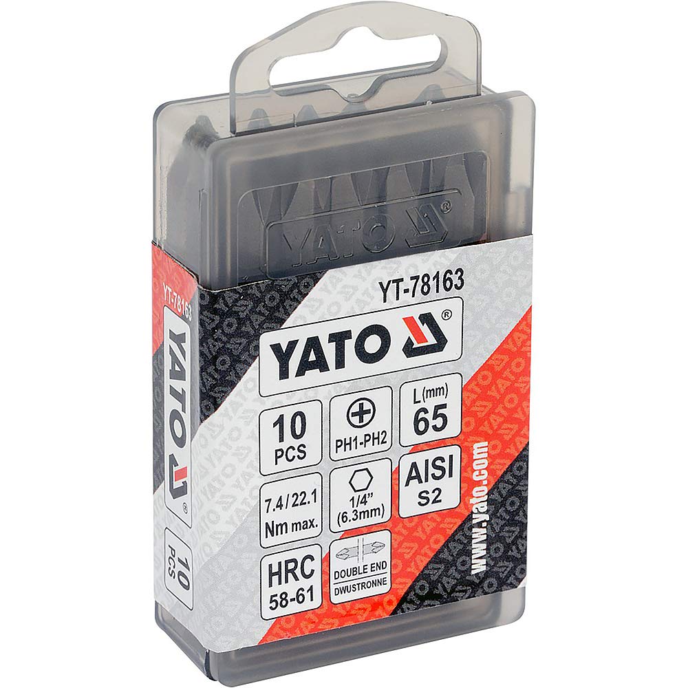 Yato YT-78163 De Screwdriver Bits 1/4 inch Drive X65 mm PH1-PH2 10 Pcs|Bits for Drill Machine|Screwdriver Bits for Long Drill|Electrician or Carpenter Furniture Tools|Screw driver Bits|Hand Tools 1