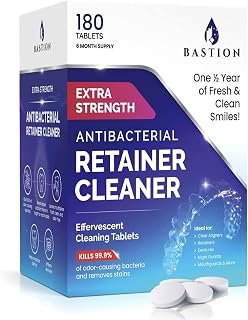 Bastion Retainer Cleaner Tablets: 180 Effervescent Cleansers Remove Stains, Odors, Plaque from Aligners, Night Guards, Dentures (6 Month Supply)